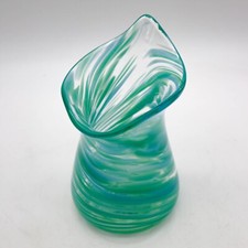 Hand Blown Art Glass Vase Swirl Pattern Blue  Green Contemporary Coastal
