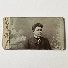 Antique Mini Photograph On Board Handsome Man Fantastic Mustache ID Marcus Kalt