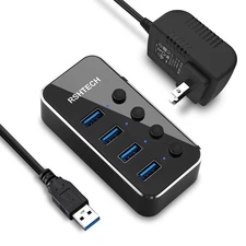 Powered USB Hub 4 Port USB 3.0 Hub Splitter Portable Aluminum USB Data Hub Ex...