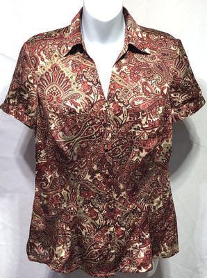 Ann Taylor Loft Silky Peplum top 8 Red Gold Geo V-neck Collar Career Classic