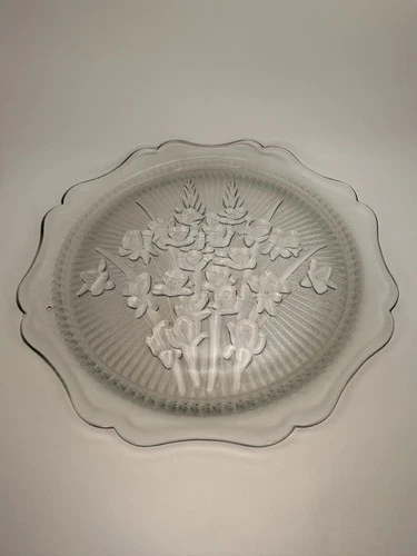 Jeannette Iris & Herringbone Clear Platter 12in Depression Glass Flowers/Leafs