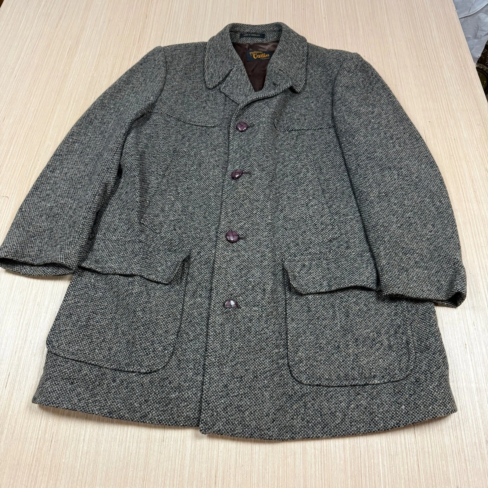 Vintage Tweed Wool Car Coat 42 Shooting 70s Jacket Yugoslavia Phillippe Vartin L image 1