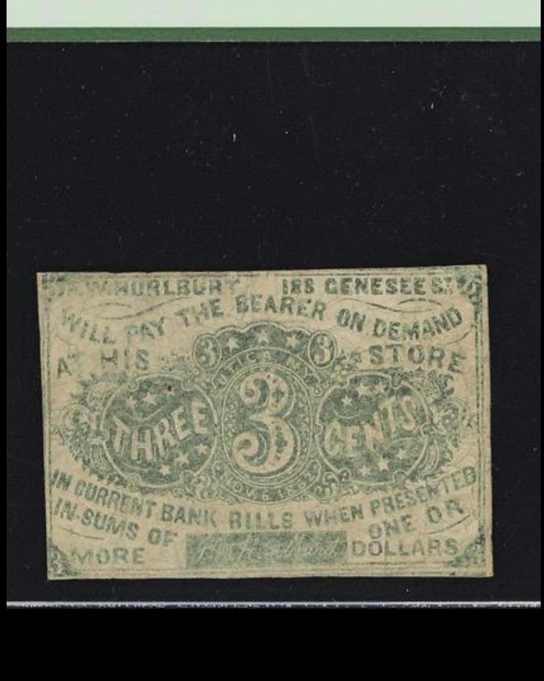 1862 NEW YORK Utica, 3c F.W. Hulburt Civil War Obsolete Banknote Currency, PCGS - Image 3 of 4