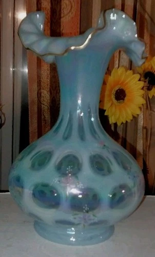Fenton Rare 90's Coin Dot Stiegel Blue Opal Hand Painted Iodized Vase Signed QVC