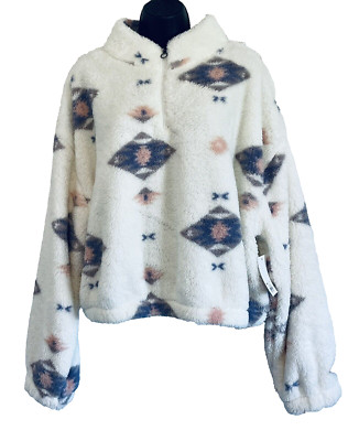 Sherpa SO Pullover Long Crop 1/4 Zip White Purple Pink Aztec Design Fleece Sz XL