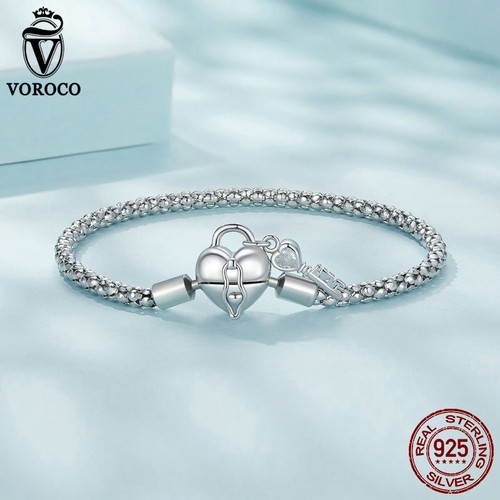 VOROCO Solid 925 Sterling Silver Heart Lock Key CZ Basic Bracelet Jewelry Women - Picture 3 of 14