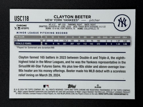 CLAYTON BEETER RC 2024 Topps Chrome Update X-Fractor #USC118 New York Yankees - Picture 2 of 2