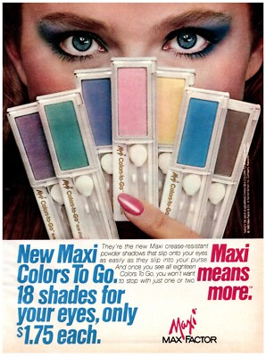1983 Max Factor Makeup Print Ad, Maxi Means More 80's Colorful Eye Shadow To Go
