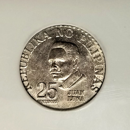 PHILIPPINES 1976 25 SENTIMOS STRUCK ON 10 SENTIMOS PLANCHET ERROR NGC MS-63!