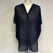 Louise Kennedy Silk Blouse Size Small Navy Blue Short Sleeves Relaxed Fit