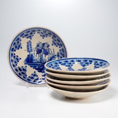 Antique Blue Dutch Delftware Water Bird Egret Pond Fish Scale Salad Plates 6pc