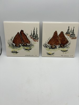 Art Tile Pair Vintage 1970 s Mushroom Trees From England Signed Crittenden 6x6 