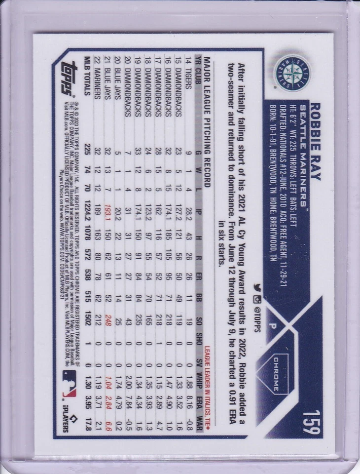 Robbie Ray 2023 Topps Chrome Baseball Card 159 - Image 2 of 2