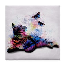 Large Ceramic Tile 6x6 Cat 614 butterfly pink blue purple digital art by L.Dumas