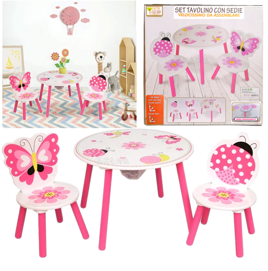 TAVOLO in LEGNO PER BAMBINI ROSA + 2 SEDIE TAVOLINO CAMERETTA DA...