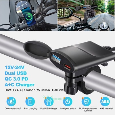 Motorcycle Dual USB Charger, QC + PD3.0 Charger, Phone Fast Charging Waterproof