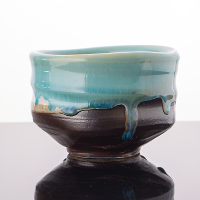 Japanese Tea Bowl, Seto Ware by Kato Eichi, Fluorescent light blue glaze