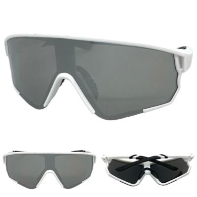 OVERSIZED SPORT WRAP Biker Cycling Shield SUNGLASSES Big White Frame Chrome Lens