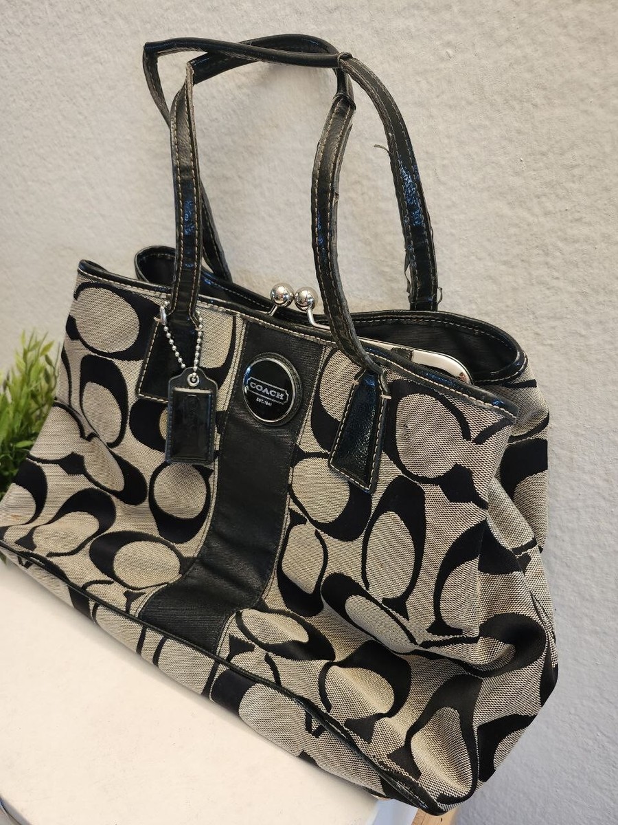 Coach Large Gray Black Signature C Kiss-lock Carryall Satchel