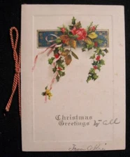 Christmas Greetings Holiday Card Pink Bow Rose & Holly Illustration 1940s (O)