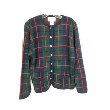 Vintage Tally-Ho Plaid Cardigan Sweater Size L Navy Blue Red Green Acrylic