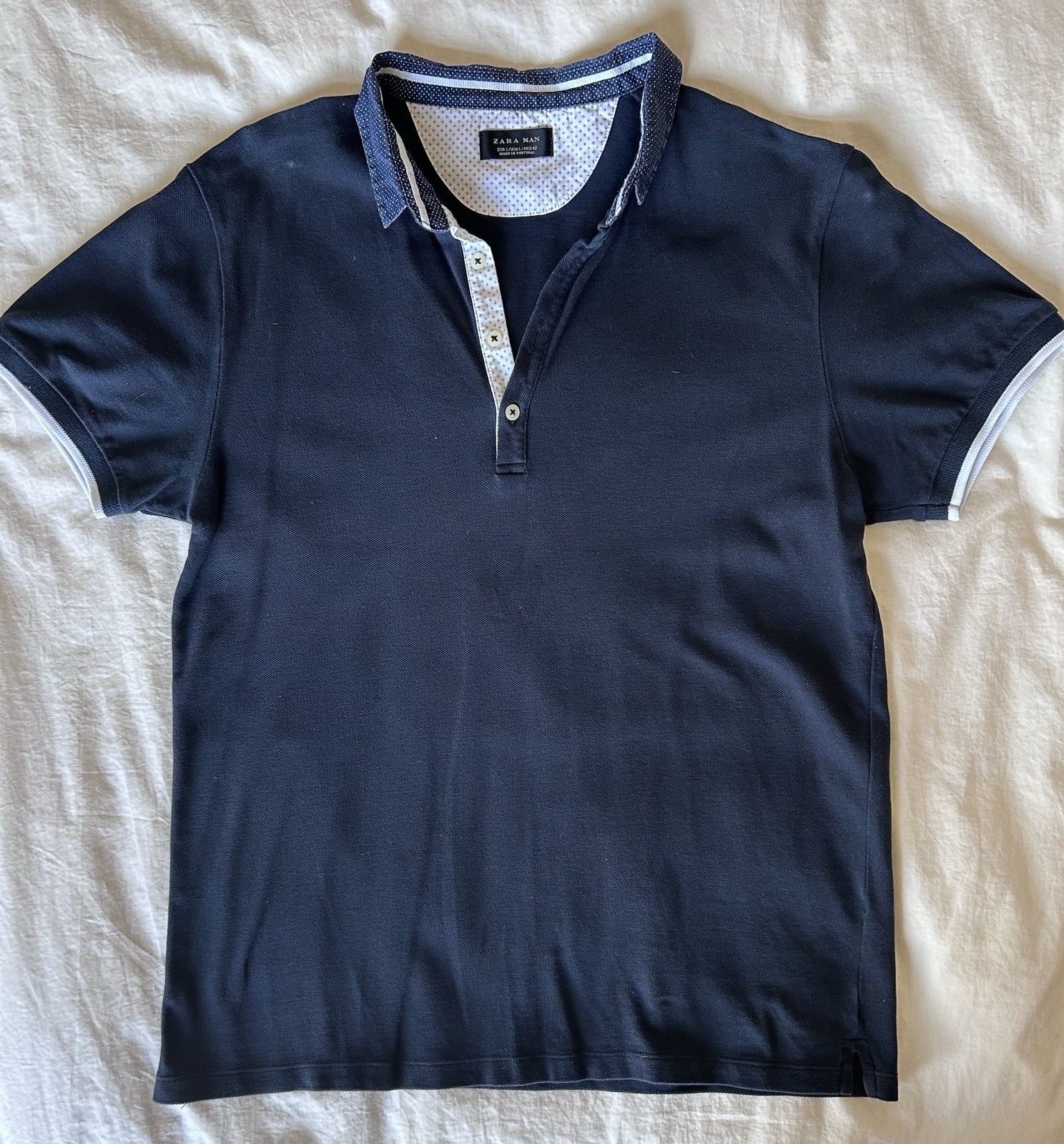 Zara Man Polo Shirt Men’s Large Navy Blue Contrast Trim Made in Portugal