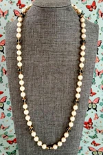 Signed Napier  Faux Pearls and Black With Gold Beads 24" Necklace Vintage