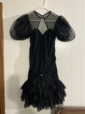 Vtg 80s Black Prom Cocktail Dress Puff Sleeve Sweetheart Bow w/ Rhinestones