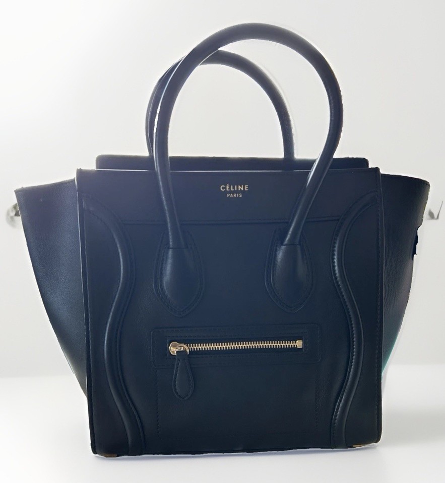 CELINE Luggage Micro Tote Bag Black Leather Gold Zip Top Handle w/ Dust Bag