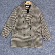 MNG Mango Houndstooth Double Breasted Blazer Coat Womens L Brown Wool Blend EUC