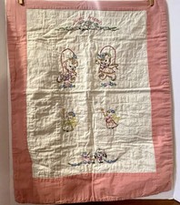 Vintage Baby Quilt Blanket Small Hand Made Sewn Embroidered Pink Edging 21X28