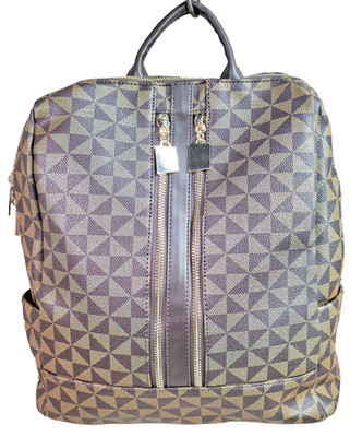 Backpack And Matching Wristlet Geometric Faux Leather Brown w/ Gold Hardware