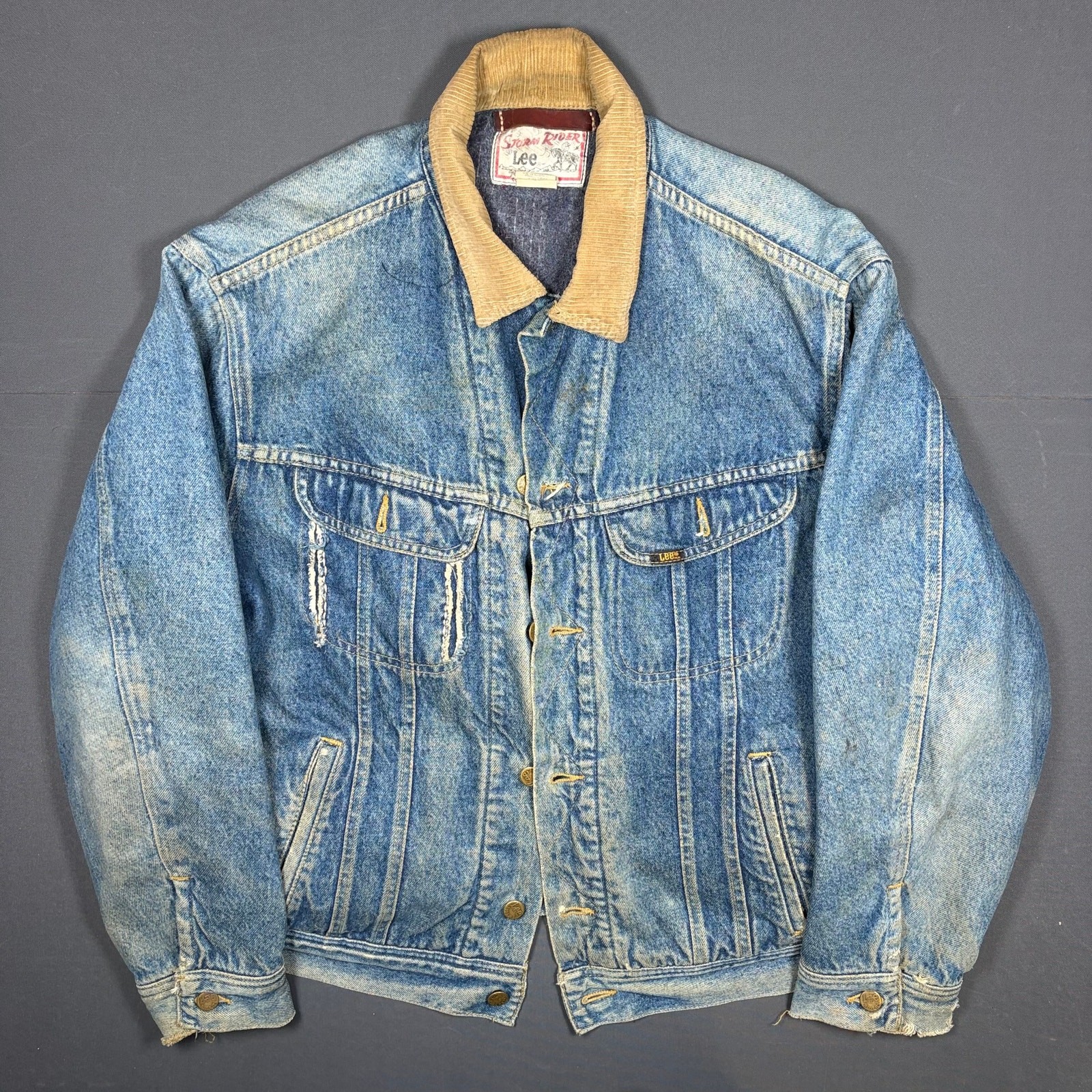 Vintage Lee Storm Rider Mens Large Reg Denim Jacket Blanket Lined Corduroy Blue