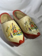 Vintage Authentic Pair Dutch Wooden Shoes Holland Wood Hand Carved Painted 25cm
