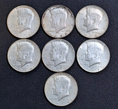 1965,67,68D(3),69D(2) Kennedy 40% Silver Half Dollars AU/Unc Lot #26K65 7 Coins!