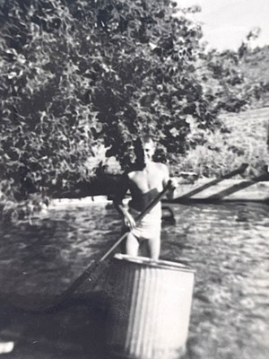 Handsome Young Man in Makeshift Trough Boat Quirky Vtg Snapshot Photo 1940s