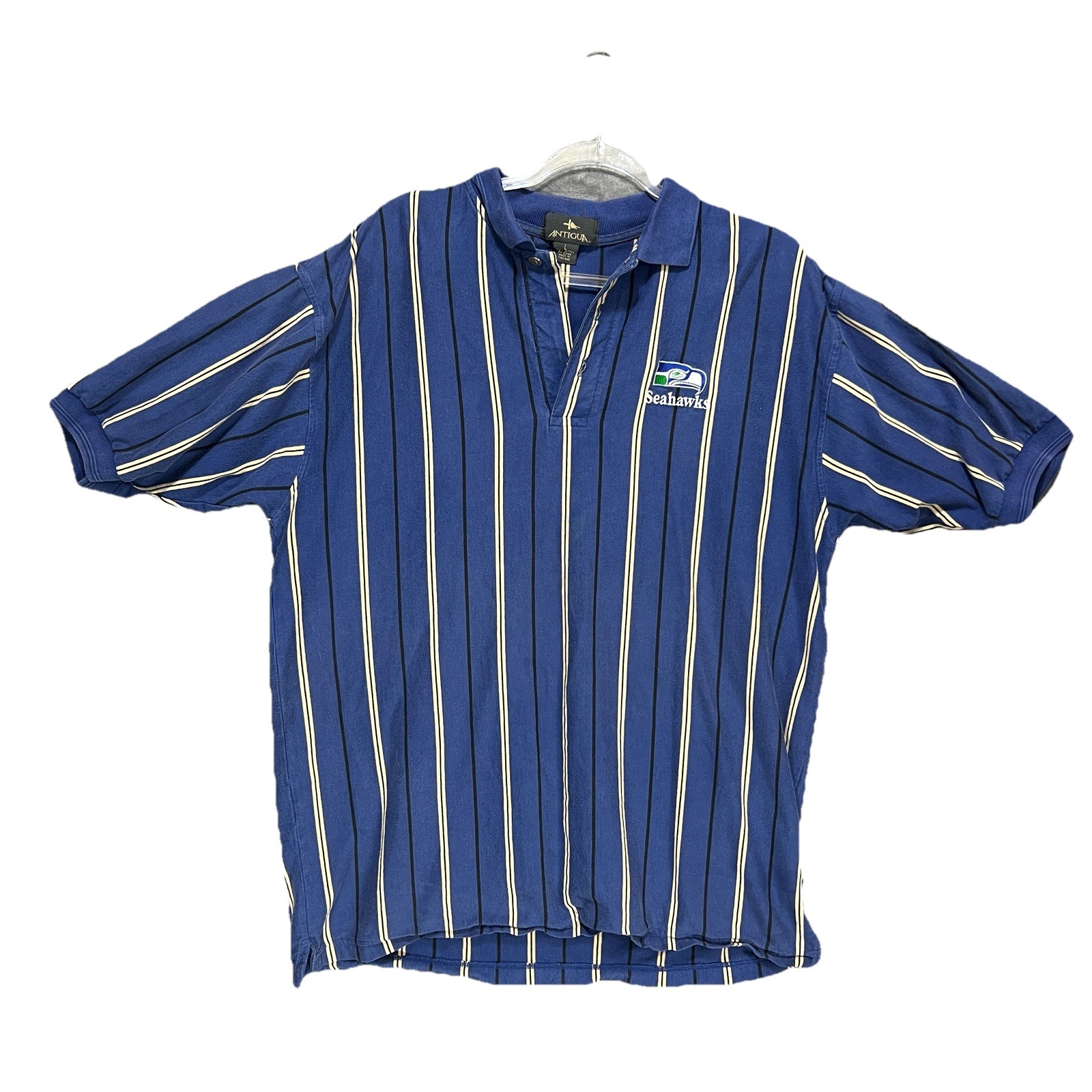 Vtg 90s Mens NFL Seahawks Stripe Polo Shirt Sz L Dadcore Retro Sportswear Cotton thumbnail 2
