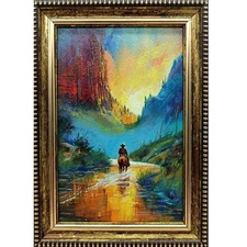 Original Oil Painting Mountain Landscape River Horseman Cowboy 6x4 Signed