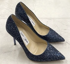 New Jimmy Choo Agnes 85mm Glitter Pump Heels In  Navy Size: 34 (US 4)