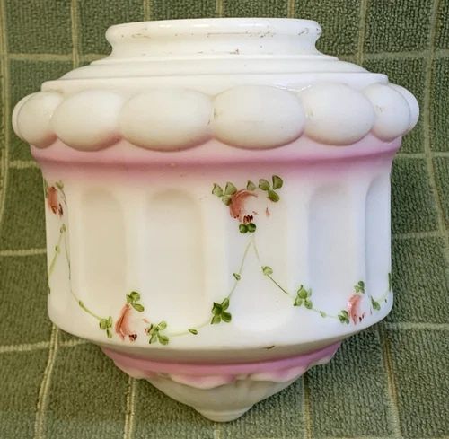 Art Deco Hand Painted Milk Glass Ceiling Lamp Shade ~ White & Pink with Roses