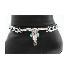 Women 2PCS Silver Metal Boot Chain Bracelet Shoe Anklet Long Horn Bull Charm Cow