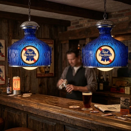 Vintage Pabst Blue Ribbon Hanging Lamps Blue Glass PBR Beer Light Set of 2