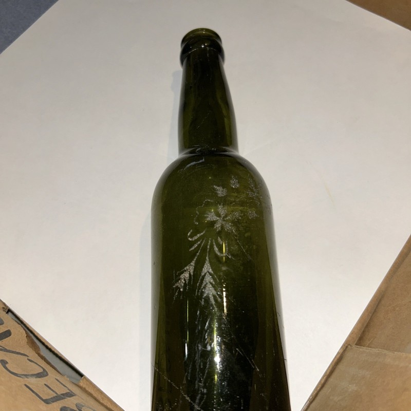 Vintage Green glass bottle with etching