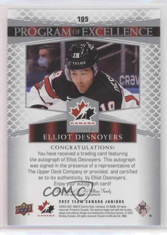 2022 Team Canada Juniors Program of Excellence Signatures Elliot Desnoyers Auto - Image 2 of 2