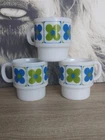 Vintage Retro Blue Green Flower Power Milk Glass Mug Advertising 3