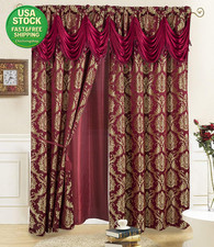 Jacquard Window Curtains 54X84 Inches Burgundy 2 Panel Set with Valance Tie