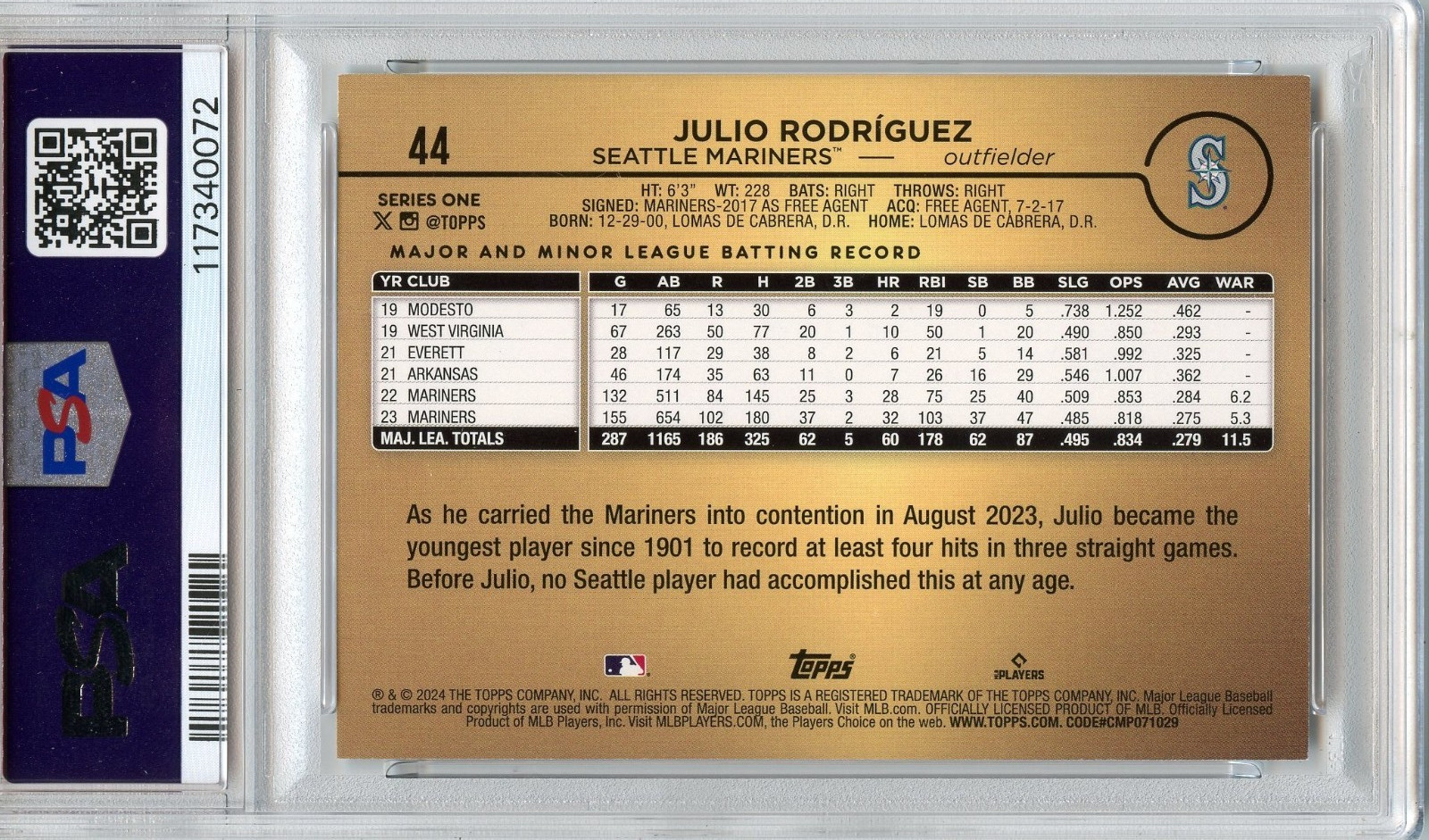2024 Topps Golden Mirror SSP #44 Julio Rodriguez - PSA 8.5 view 2