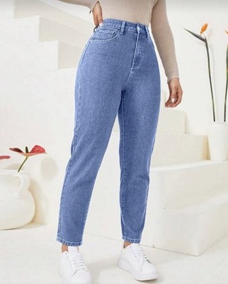 High Rise Straight Leg Blue Denim Jeans Button Accents 5-Pocket Design Women