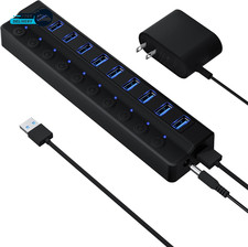 Powered USB Hub 3.0 10 Port USB Splitter Hub with Individual On Off Switches