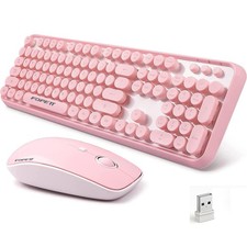 Wireless Keyboard and Mouse Combo 104 Keys Full-Sized 2.4 GHz Round Keycap Co...
